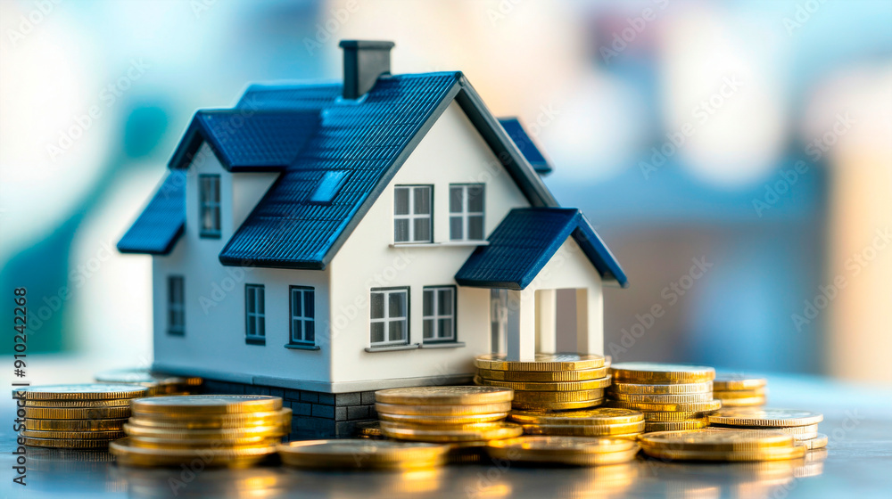 Miniature House Surrounded by Gold Coins on a Table in Indoor Setting Miniature House Surrounded by Gold Coins on a Table in Indoor Setting