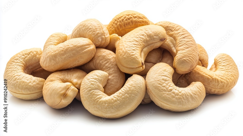 A pile of cashew nuts on a white background A pile of cashew nuts on a white background