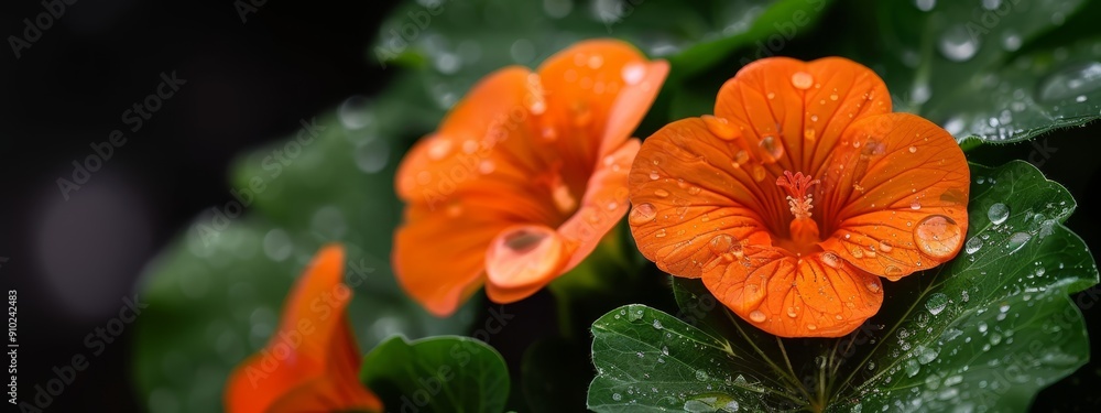 A close-up of an orange flower with water droplets on its petals and green leaves dotted with water droplets A close-up of an orange flower with water droplets on its petals and green leaves dotted with water droplets