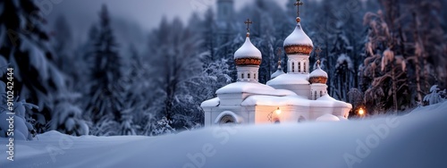  A church stands out against a backdrop of a wintry forest Snow blankets both the foreground and background, transforming the landscape into a pristine winter wonderland Church and