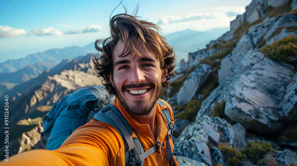 young handsome trekker taking sefie on mountain young handsome trekker taking sefie on mountain