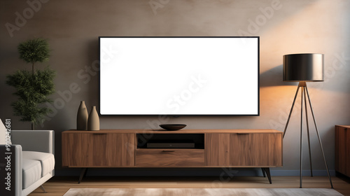 Living room TV screen mockup. A modern living room featuring a large blank TV screen mockup mounted on a wall. Below the TV, a stylish wooden cabinet holds decorative items. 