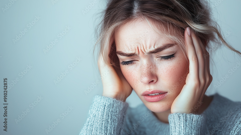 Headache in woman. Portrait of young girl with hands on head on simple isolated background Headache in woman. Portrait of young girl with hands on head on simple isolated background
