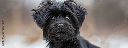  A tight shot of a black dog's expressive face against a softly blurred backdrop of trees and grass