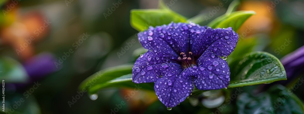 Close-up of a purple flower with dewdrops on its petals and green leaves in the background Close-up of a purple flower with dewdrops on its petals and green leaves in the background