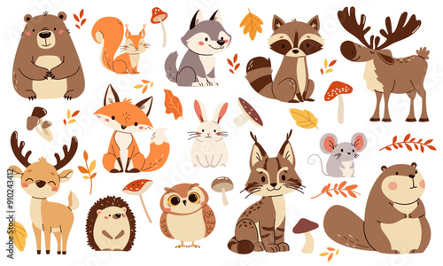 Set of flat vector illustrations. Forest animals, bear mouse hare elk deer hedgehog fox squirrel raccoon beaver lynx owl mushrooms, fall leaves . Vector illustration