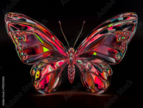 Elegant, shiny red crystal butterfly on a black background.	

