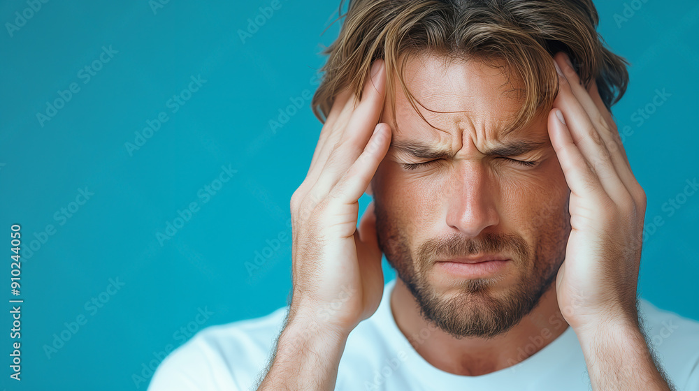 Headache in a man. Portrait of a young man with hands on his head on a simple isolated background Headache in a man. Portrait of a young man with hands on his head on a simple isolated background