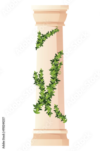 Ancient ivy covered column. Museum and exhibition. Cartoon greek or roman pillar with climbing ivy branches. Antique foliage decorated element. Cartoon flat vector isolated on white