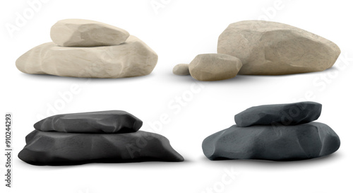 3D stone podium vector set, granite stack stand for product presentation, beige and black rock boulder showcase pedestal