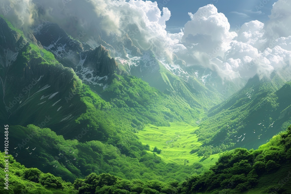Obraz premium In a lush green, a magnificent mountain range stands in the distance, guarding the land like a giant, skylight exposure, 2d illustration, FHD, HDR with generative ai