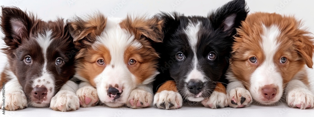 Four puppies lying together on a white surface against a white background Four puppies lying together on a white surface against a white background