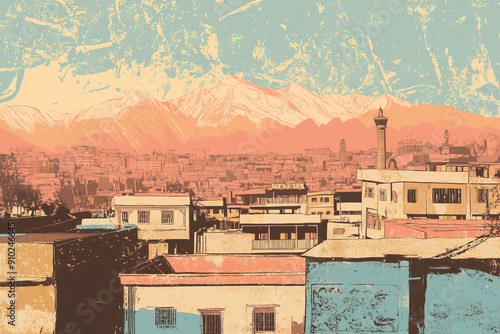 Risograph vintage riso print travel poster, card, wallpaper or banner illustration, modern, isolated, clear, simple of Kabul, Afghanistan. Artistic, screen printing, stencil photo