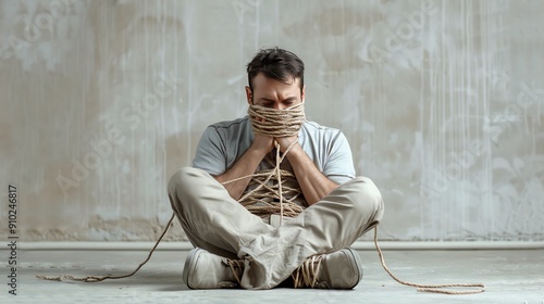 A distressed man sits on the floor, tied up with ropes, reflecting a sense of helplessness and struggle in a minimalistic setting.