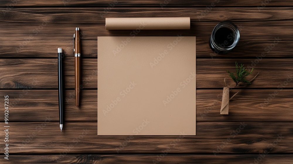 Wooden desk with a scroll of paper, quill pen, and inkwell, copy space on desk Wooden desk with a scroll of paper, quill pen, and inkwell, copy space on desk