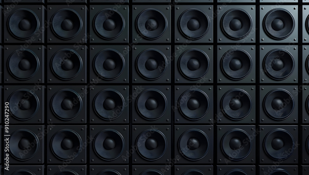 A wall of black speakers arranged in a grid, perfect for showcasing music production, sound design, or audio technology themes. A wall of black speakers arranged in a grid, perfect for showcasing music production, sound design, or audio technology themes.