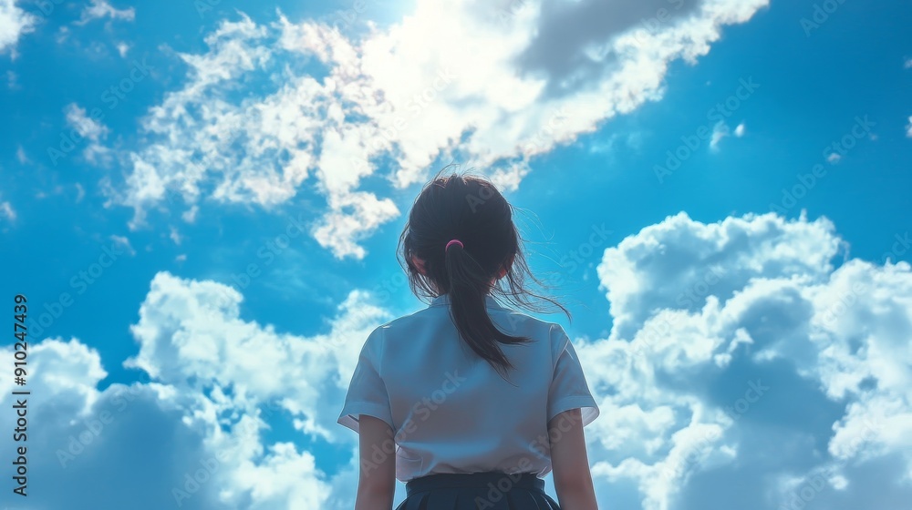 Fototapeta premium A contemplative Asian girl gazes at the expansive blue sky filled with fluffy clouds, embodying a sense of wonder and possibility.