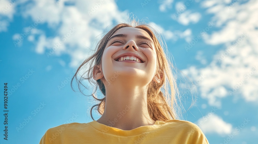 A joyful young woman with long hair smiles brightly against a blue sky with fluffy clouds. A joyful young woman with long hair smiles brightly against a blue sky with fluffy clouds.
