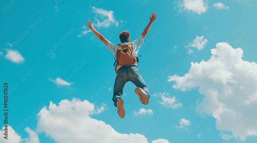 A young Asian male jumps with joy against a vibrant blue sky filled with fluffy white clouds, embodying freedom and happiness. A young Asian male jumps with joy against a vibrant blue sky filled with fluffy white clouds, embodying freedom and happiness.
