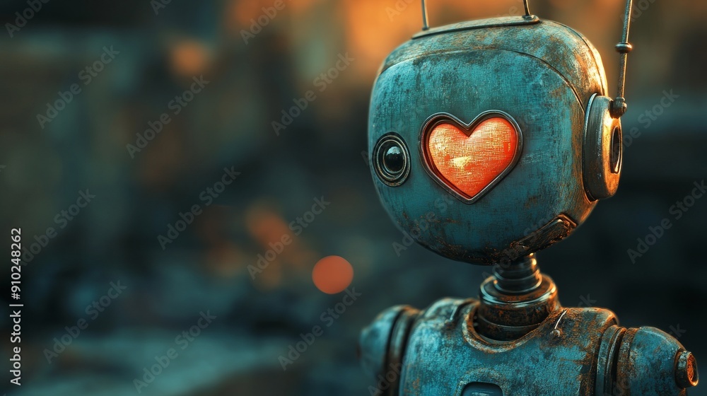 A charming blue robot with a glowing heart, set against a warm, blurred background.