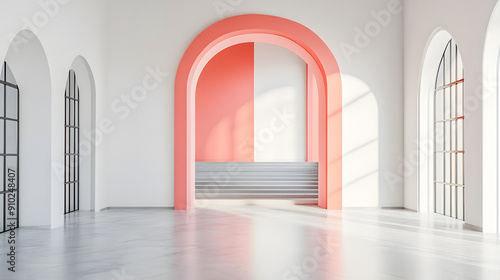 school entrance with high ceiling lobby red and pastel isolated on white background, minimalism, png