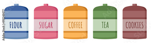 flour, sugar, coffee, tea, cookies container set, food canisters, kitchen cans, cooking ingredients, kitchen storage, vector illustration