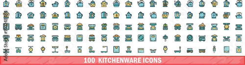 100 kitchenware icons set. Color line set of kitchenware vector icons thin line color flat on white