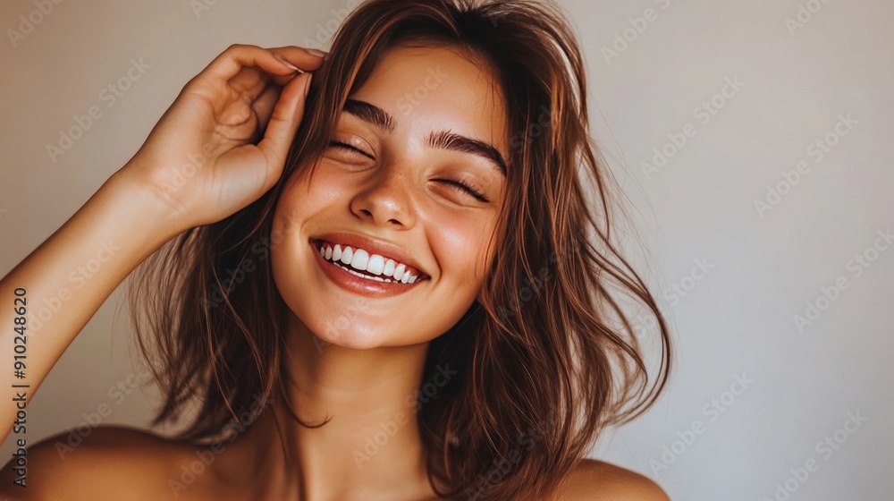 Fototapeta premium Smiling young woman with wavy brown hair, radiating joy and confidence against a soft neutral background.