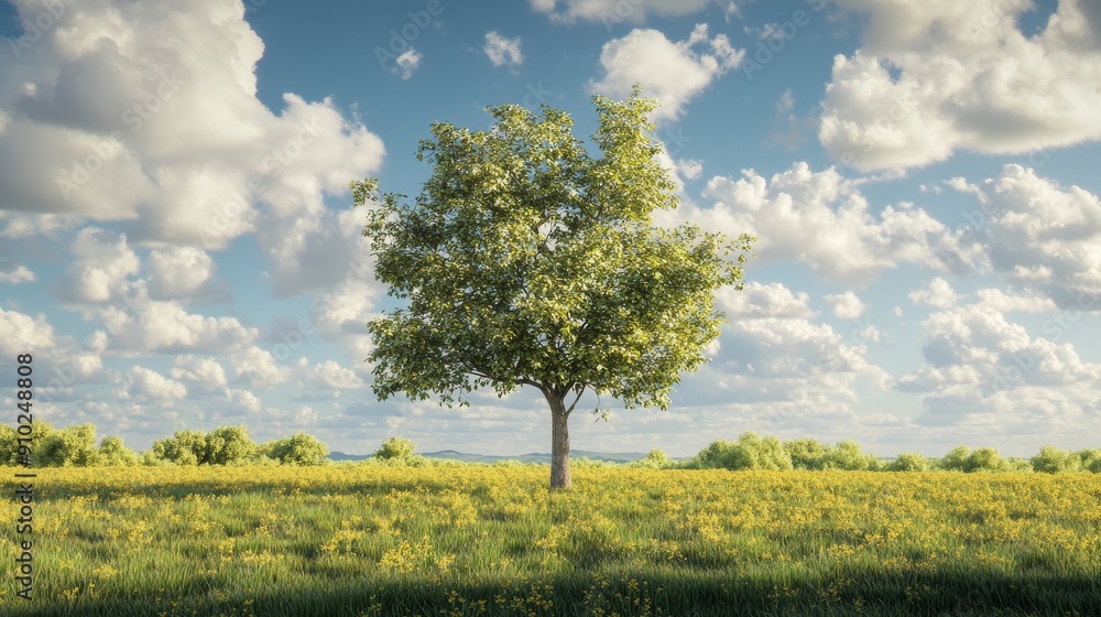 Fototapeta premium A robust green tree stands alone in a vibrant meadow under a blue sky filled with fluffy clouds.