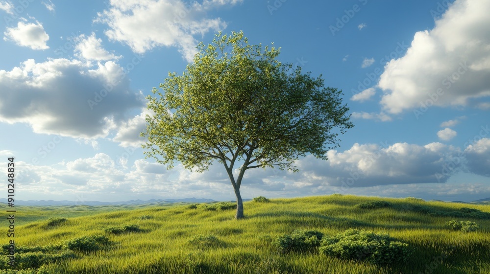 A solitary tree stands gracefully on a lush green hill under a bright blue sky with fluffy white clouds. A solitary tree stands gracefully on a lush green hill under a bright blue sky with fluffy white clouds.
