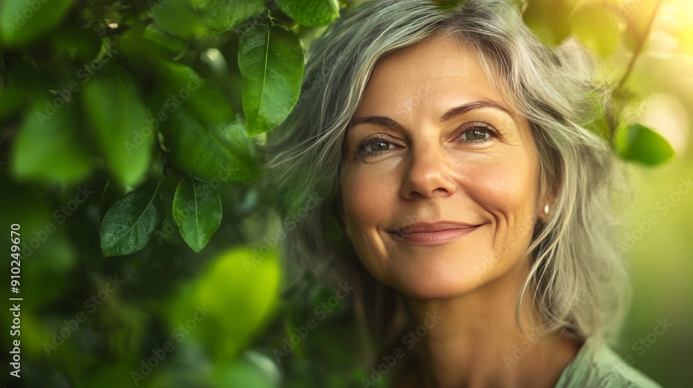 A serene, middle-aged Caucasian woman with gray hair smiles warmly amidst lush green foliage, exuding tranquility and confidence. A serene, middle-aged Caucasian woman with gray hair smiles warmly amidst lush green foliage, exuding tranquility and confidence.