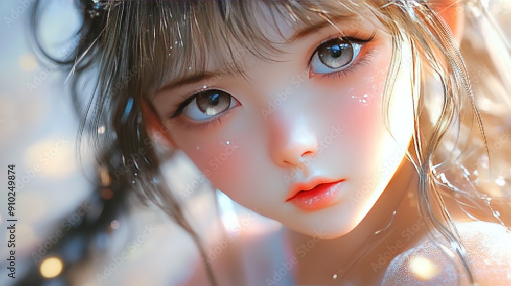 Close-up of a young East Asian girl with delicate features and sparkling eyes, radiating a soft, ethereal glow. Close-up of a young East Asian girl with delicate features and sparkling eyes, radiating a soft, ethereal glow.