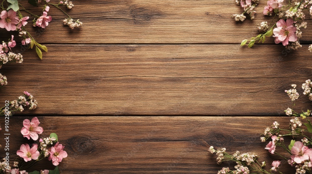 Rustic wood texture background with minimal floral details in the corners, designed as a charming wedding invitation Rustic wood texture background with minimal floral details in the corners, designed as a charming wedding invitation