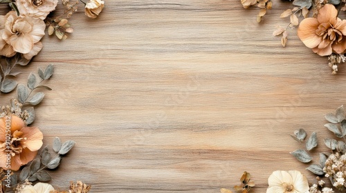 Wedding invitation with a rustic wood background and minimal floral elements in the corners, creating a charming and elegant look