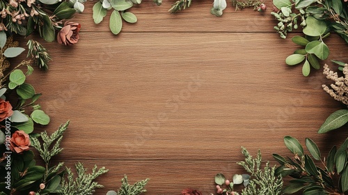 Rustic wedding invitation design with wood texture and minimal floral details in the corners, highlighting a natural and charming theme