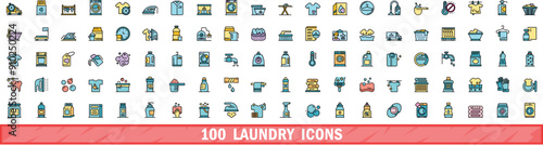 100 laundry icons set. Color line set of laundry vector icons thin line color flat on white