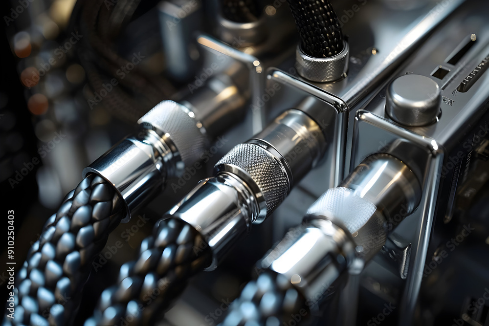 Close-up of sleek metal connectors and braided cables, showcasing intricate details and modern technology in a mechanical setup. Close-up of sleek metal connectors and braided cables, showcasing intricate details and modern technology in a mechanical setup.