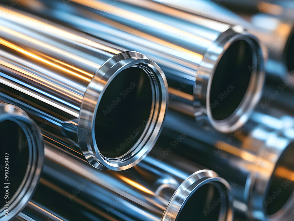 Naklejka premium Close-up of shiny metallic pipes showcasing intricate details and reflections, ideal for industrial and engineering themes.