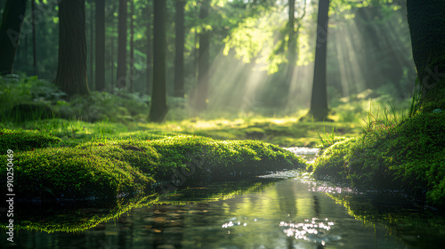 Idyllic Forest Glade with Sunlight Piercing Through Tree Canopy