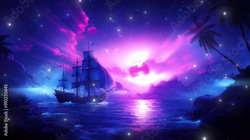 Pirate ship that sails the vast ocean in the dark, illuminated by moonlight, creating a mysterious and adventurous scene. seamless looping 4K time-lapse virtual video animation background photo