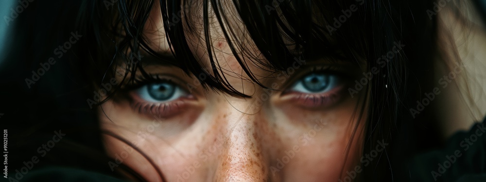 A close-up of a woman's face with freckled hair and blue eyes gazes directly at the camera A close-up of a woman's face with freckled hair and blue eyes gazes directly at the camera