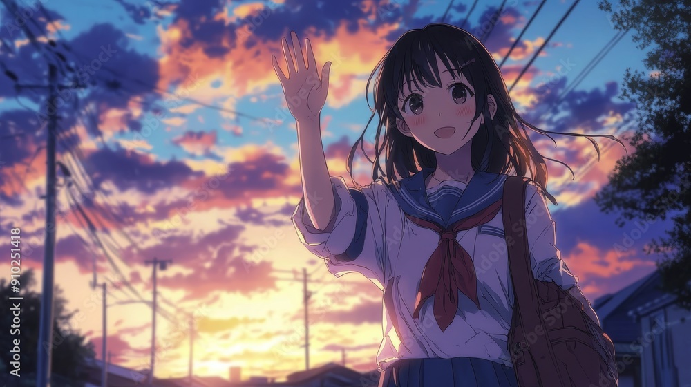 A cheerful young Asian girl waves goodbye at sunset, dressed in a school uniform, radiating warmth and joy. A cheerful young Asian girl waves goodbye at sunset, dressed in a school uniform, radiating warmth and joy.