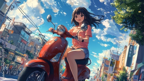 A young Asian woman joyfully rides a red scooter through a vibrant cityscape, with a bright blue sky overhead.