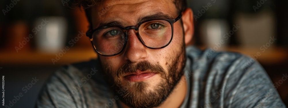 A man with beard and glasses gazes intently at the camera in a serious close-up A man with beard and glasses gazes intently at the camera in a serious close-up