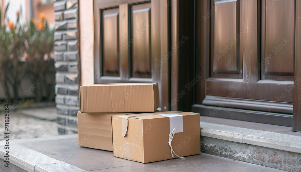 Cardboard boxes near door. Parcel delivery service Cardboard boxes near door. Parcel delivery service