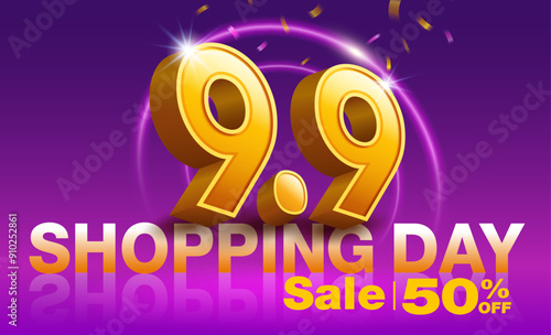 9.9 template August promotion. 3D number nine on dark background and neon LED lights. Promotional campaign design for advertising, online shopping on social media. 3D vector illustration.