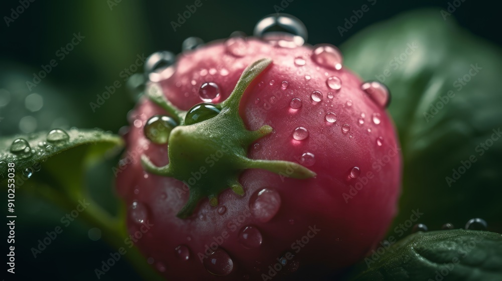 A red tomato with close-up water droplets and a green leafy background A red tomato with close-up water droplets and a green leafy background