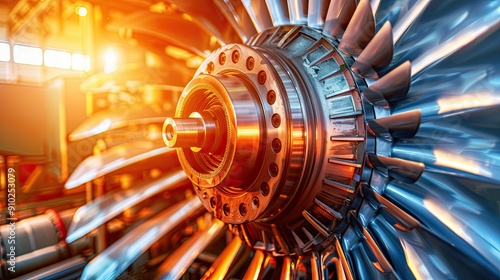 Detail of the metal turbine mechanism. Large shiny steel equipment with blades. A machine with many gears and a shiny metallic appearance. Illustration for poster, cover, brochure or presentation.
