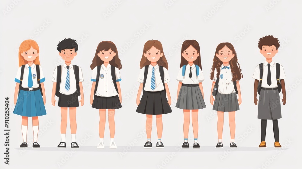 Diverse group of school children in uniforms, showcasing friendship and unity. Diverse group of school children in uniforms, showcasing friendship and unity.