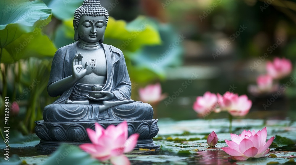 A serene gray Buddha statue surrounded by vibrant pink lotus flowers, symbolizing peace and tranquility. A serene gray Buddha statue surrounded by vibrant pink lotus flowers, symbolizing peace and tranquility.